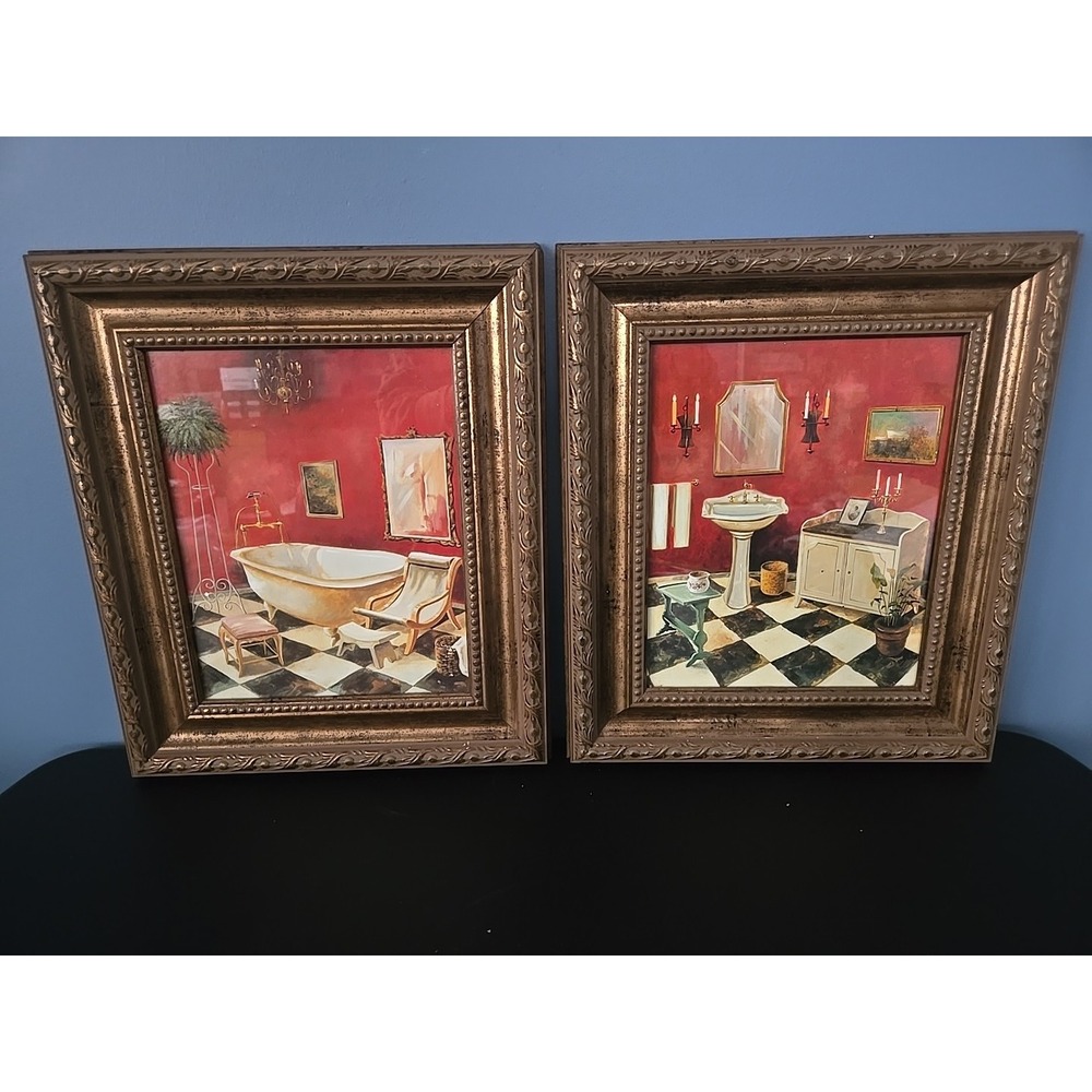 Vtg Bathroom Framed Pictures Tub and Sink Set of 2 Ornate Wall Art Gallery‎